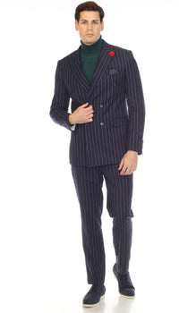Bellagio Navy White Mens 6 Button Slim Peak Lapel Suit With Double Breasted Suit Pick Stitching Ticket Pocket.