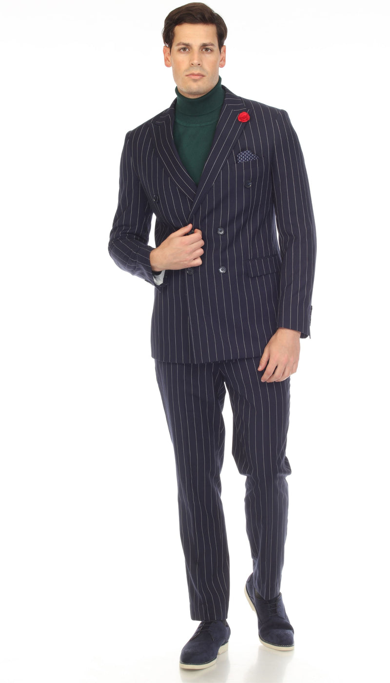 Bellagio Navy White Mens 6 Button Slim Peak Lapel Suit With Double Breasted Suit Pick Stitching Ticket Pocket.