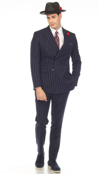 Bellagio Navy White Mens 6 Button Slim Peak Lapel Suit With Double Breasted Suit Pick Stitching Ticket Pocket.