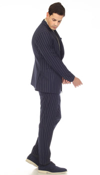 Bellagio Navy White Mens 6 Button Slim Peak Lapel Suit With Double Breasted Suit Pick Stitching Ticket Pocket.