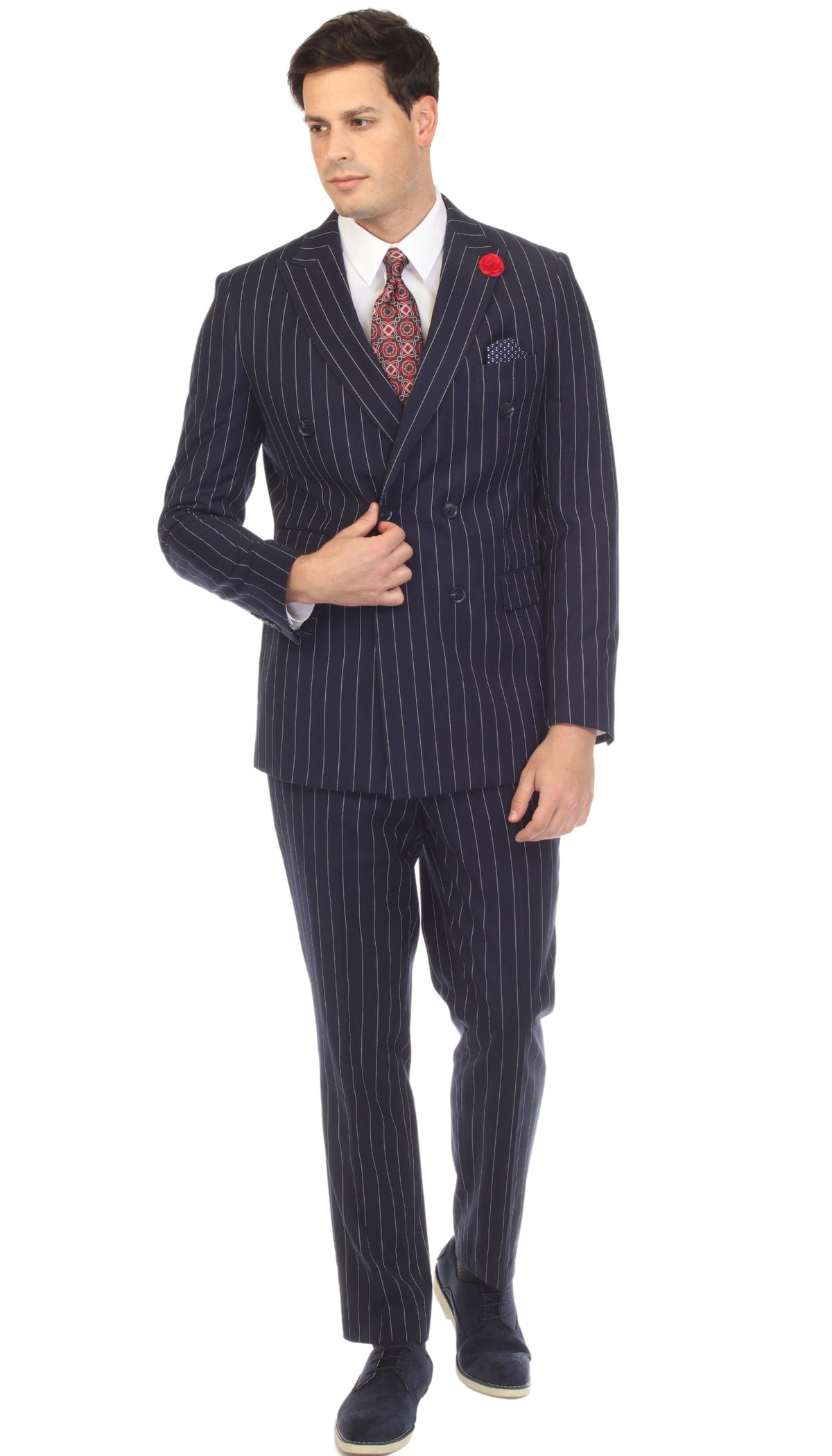 Bellagio Navy White Mens 6 Button Slim Peak Lapel Suit With Double Breasted Suit Pick Stitching Ticket Pocket.