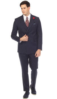 Bellagio Navy White Mens 6 Button Slim Peak Lapel Suit With Double Breasted Suit Pick Stitching Ticket Pocket.