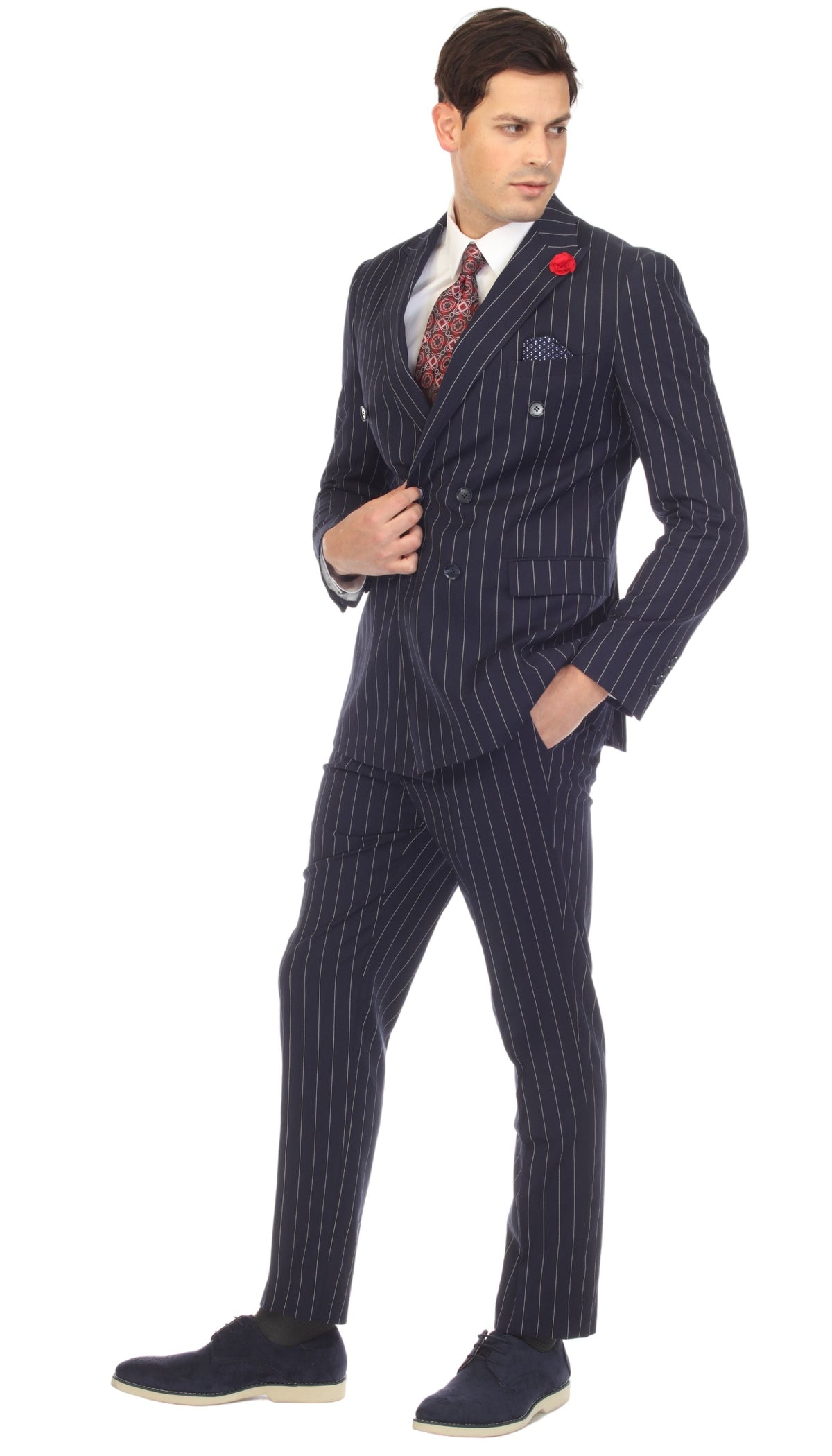 Bellagio Navy White Mens 6 Button Slim Peak Lapel Suit With Double Breasted Suit Pick Stitching Ticket Pocket.