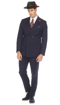 Bellagio Navy White Mens 6 Button Slim Peak Lapel Suit With Double Breasted Suit Pick Stitching Ticket Pocket.