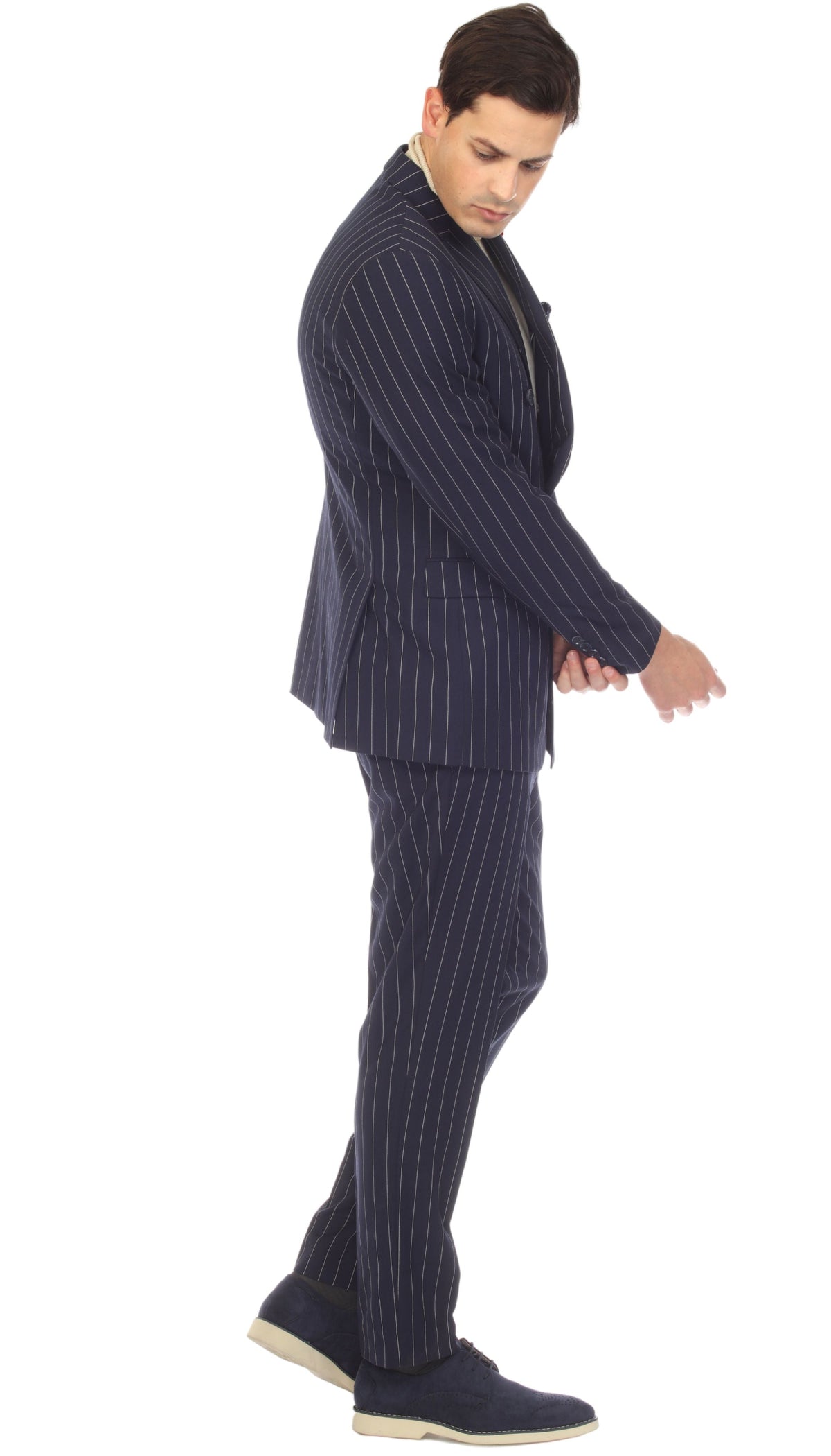 Bellagio Navy White Mens 6 Button Slim Peak Lapel Suit With Double Breasted Suit Pick Stitching Ticket Pocket.