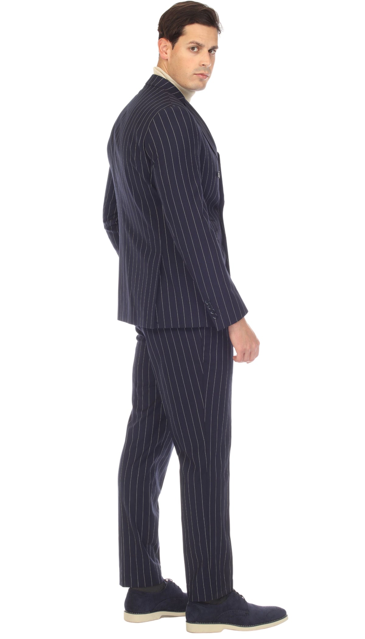 Bellagio Navy White Mens 6 Button Slim Peak Lapel Suit With Double Breasted Suit Pick Stitching Ticket Pocket.