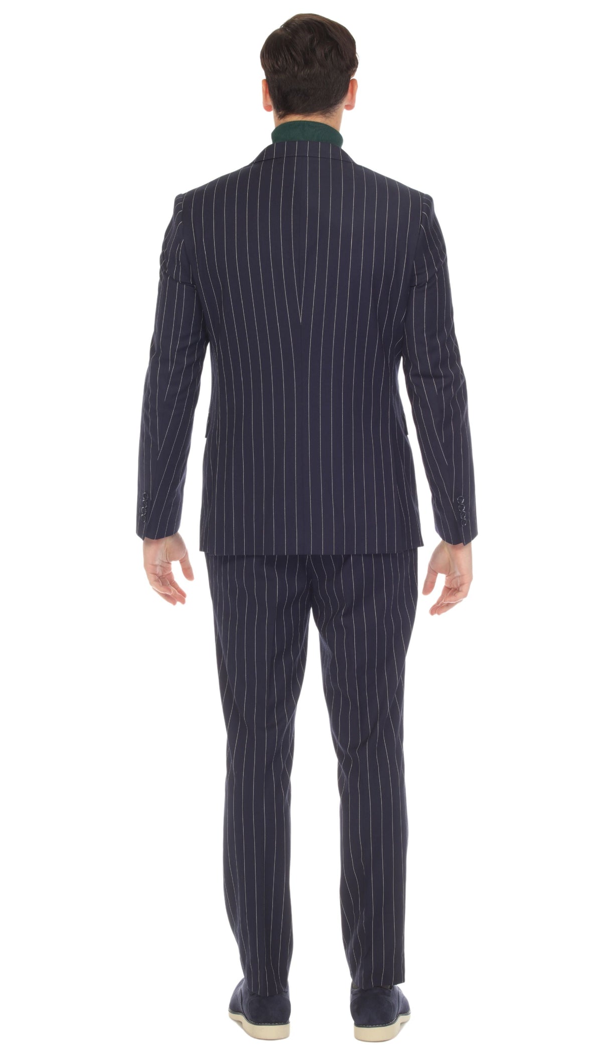 Bellagio Navy White Mens 6 Button Slim Peak Lapel Suit With Double Breasted Suit Pick Stitching Ticket Pocket.