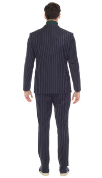Bellagio Navy White Mens 6 Button Slim Peak Lapel Suit With Double Breasted Suit Pick Stitching Ticket Pocket.