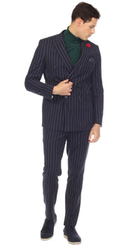 Bellagio Navy White Mens 6 Button Slim Peak Lapel Suit With Double Breasted Suit Pick Stitching Ticket Pocket.