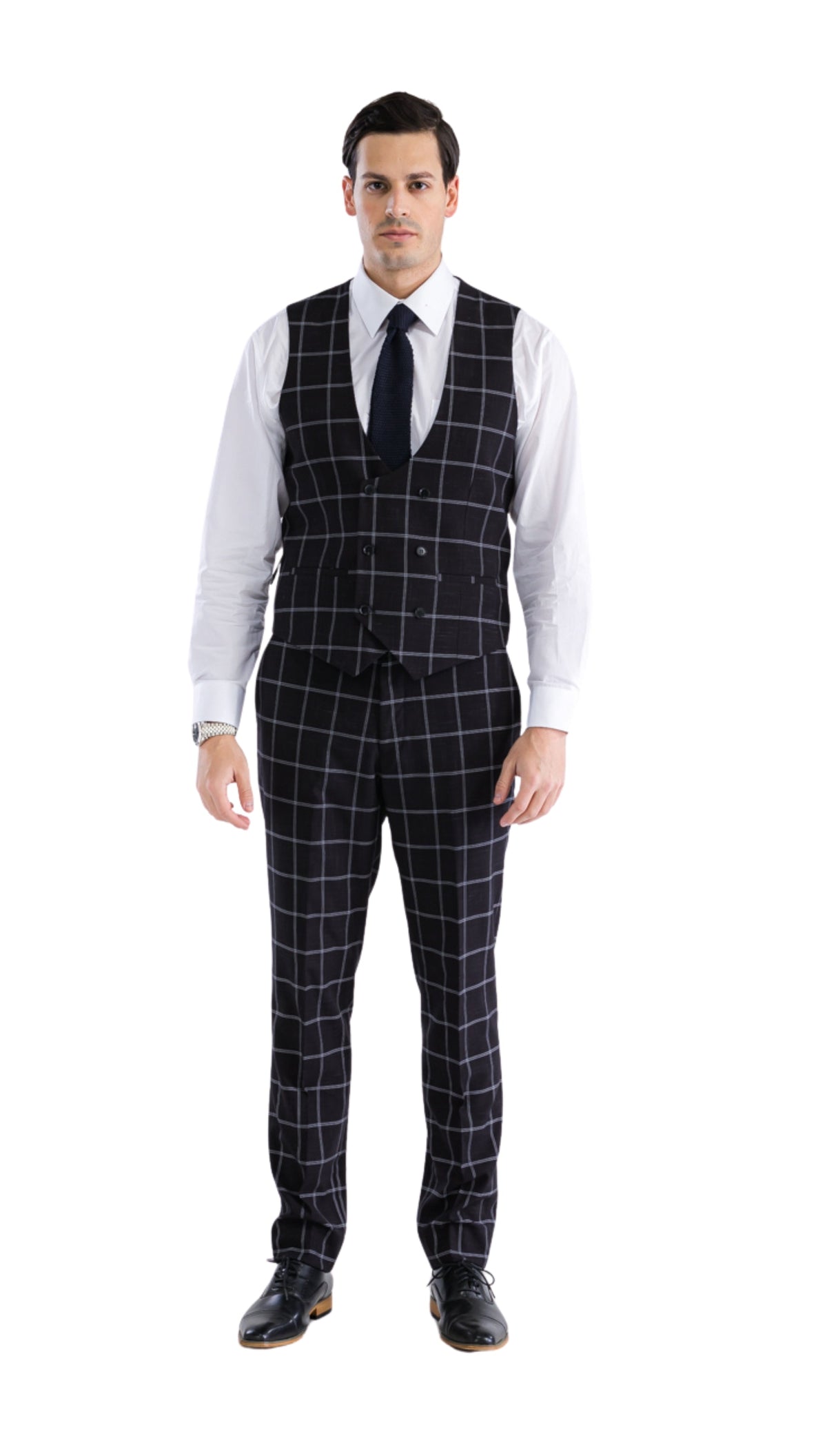 Copper Black Mens 2 Button Slim Notch Lapel Suit With Pick Stitching "U" Shaped Vest Double Breasted