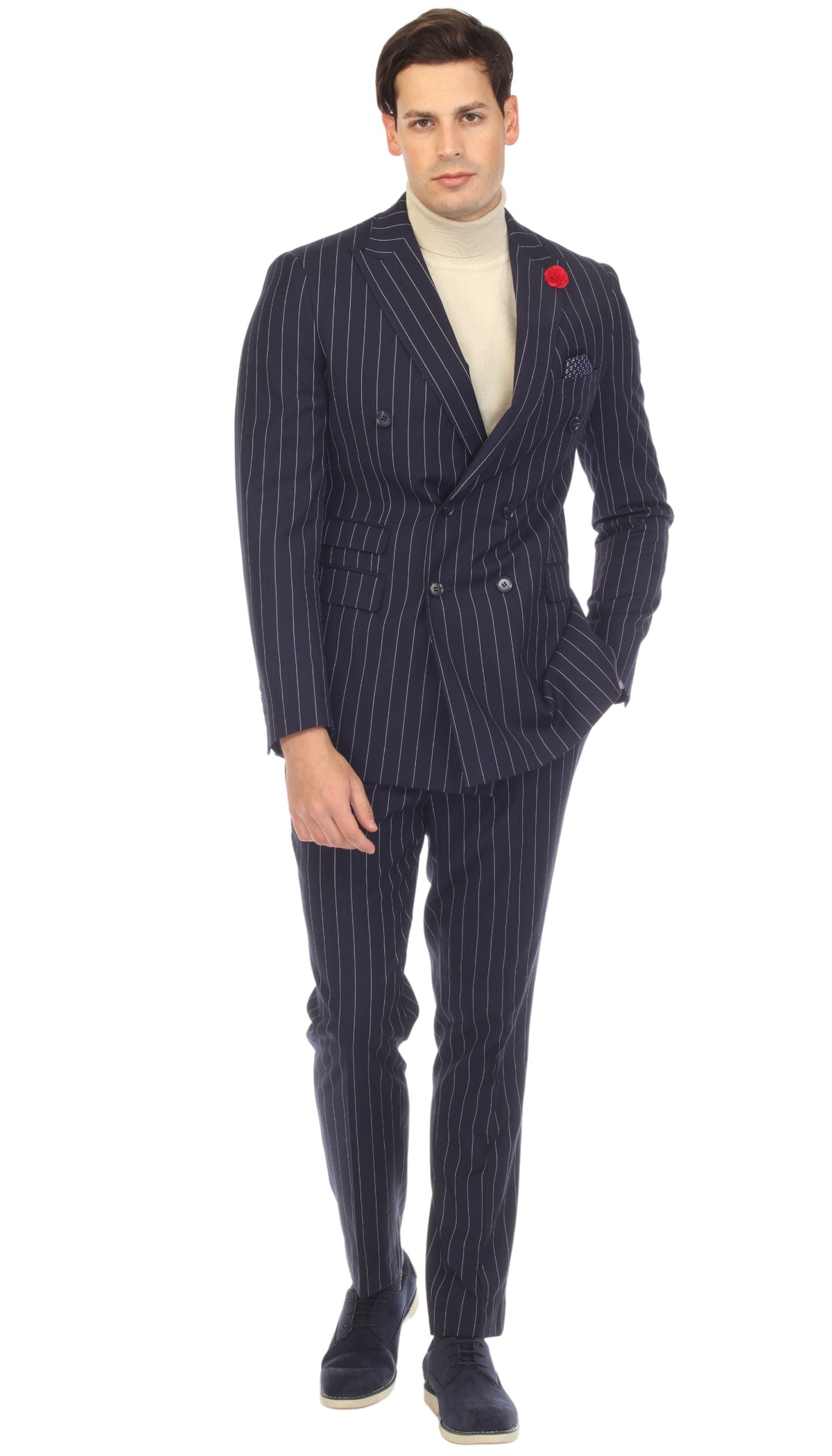 Bellagio Navy White Mens 6 Button Slim Peak Lapel Suit With Double Breasted Suit Pick Stitching Ticket Pocket.