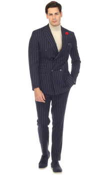 Bellagio Navy White Mens 6 Button Slim Peak Lapel Suit With Double Breasted Suit Pick Stitching Ticket Pocket.