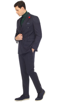 Bellagio Navy White Mens 6 Button Slim Peak Lapel Suit With Double Breasted Suit Pick Stitching Ticket Pocket.