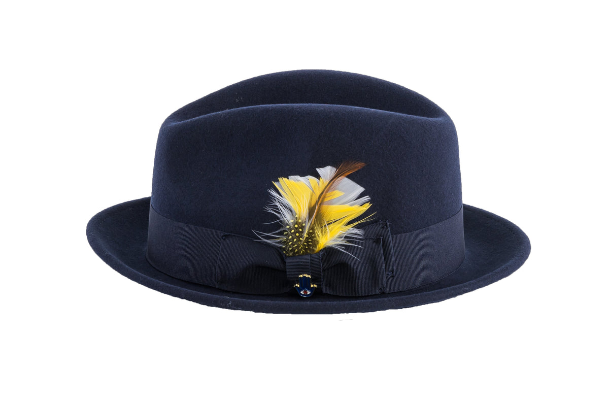 Ferrecci Brooks Soft 100% Australian Wool Felt Body With Removable Feather Navy Blue Hat Great For Travel.