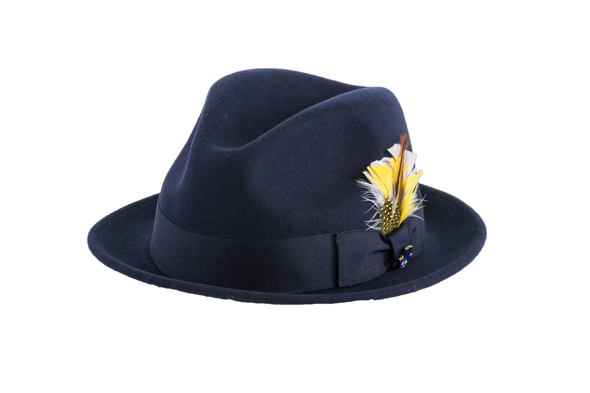 Ferrecci Brooks Soft 100% Australian Wool Felt Body With Removable Feather Navy Blue Hat Great For Travel.
