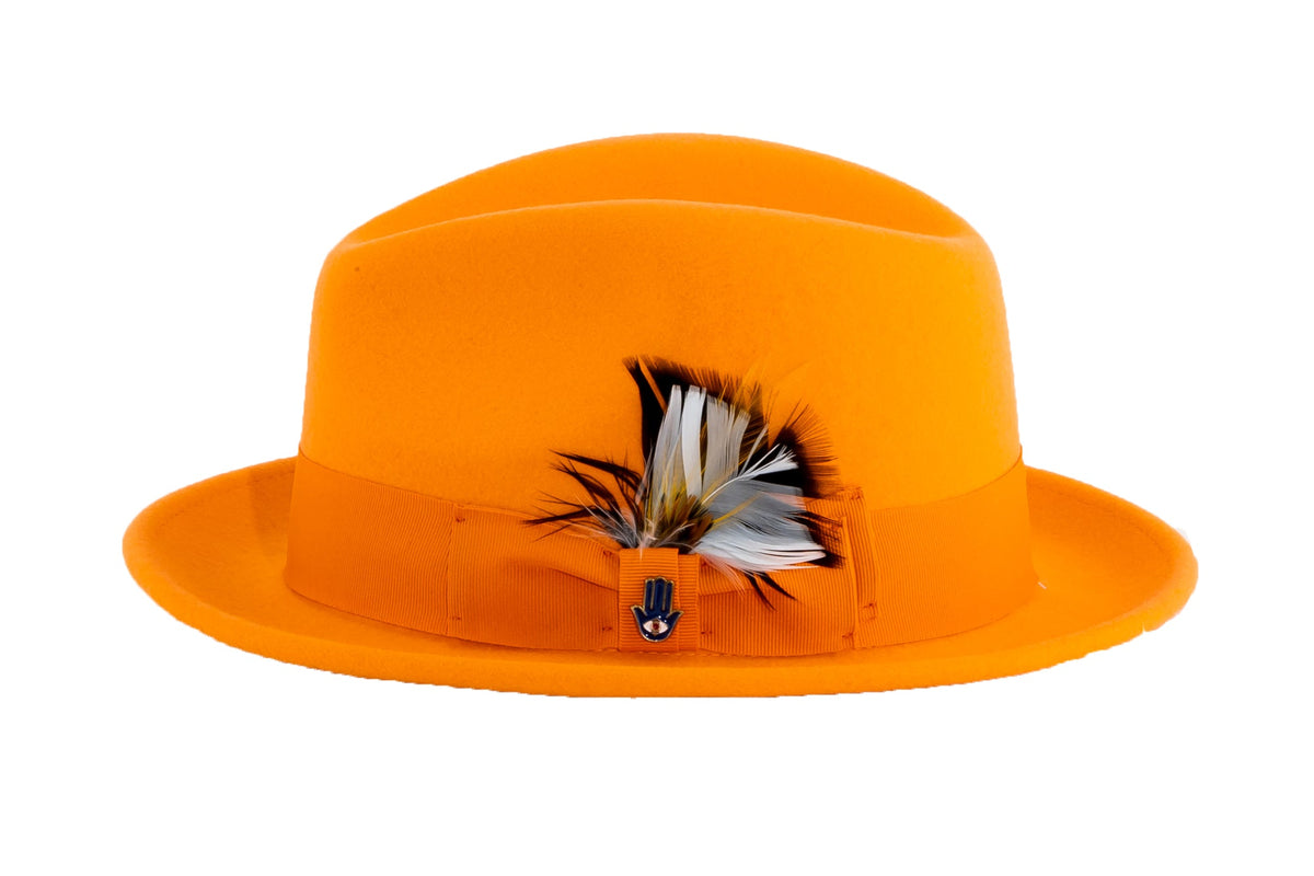 Ferrecci Brooks Trilby Soft 100% Australian Wool Felt Body with Removable Feather tangerine hat Great for Travel