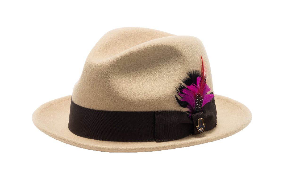 Ferrecci Brooks Trilby Soft 100% Australian Wool Felt Body with Removable Feather Tan Brown Hat