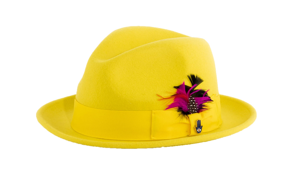 Ferrecci Brooks Trilby Soft 100% Australian Wool Felt Body with Removable Feather yellow hat Great for Travel