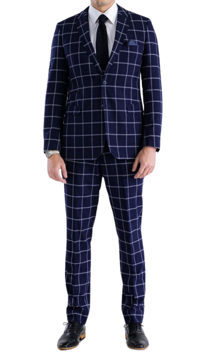 Copper Navy Mens 2 Button Slim Notch Lapel Suit With Pick Stiching "U" Shaped Vest Double Breasted