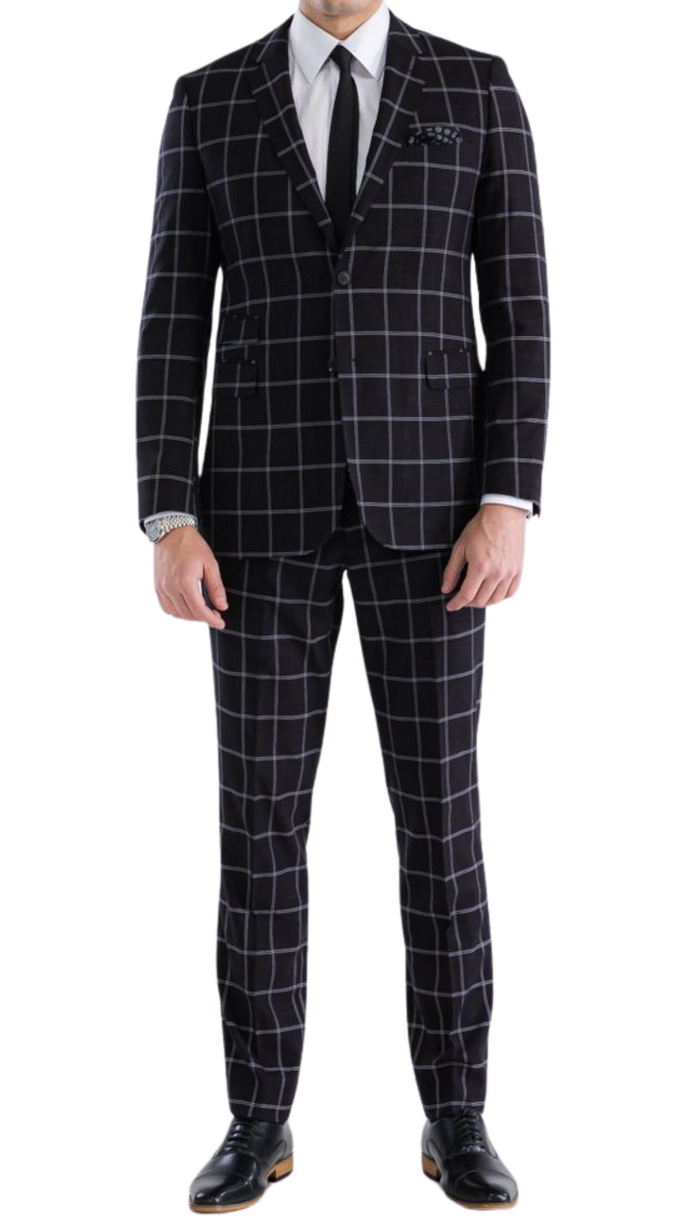 Copper Black Mens 2 Button Slim Notch Lapel Suit With Pick Stitching "U" Shaped Vest Double Breasted