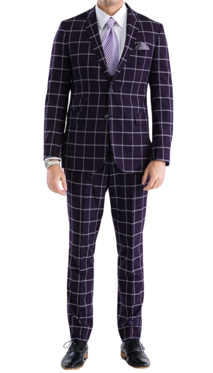 Copper Burgundy Mens 2 Button Slim Notch Lapel Suit With Pick Stiching "U" Shaped Vest Double Breasted