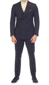 Bellagio Navy White Mens 6 Button Slim Peak Lapel Suit With Double Breasted Suit Pick Stitching Ticket Pocket.