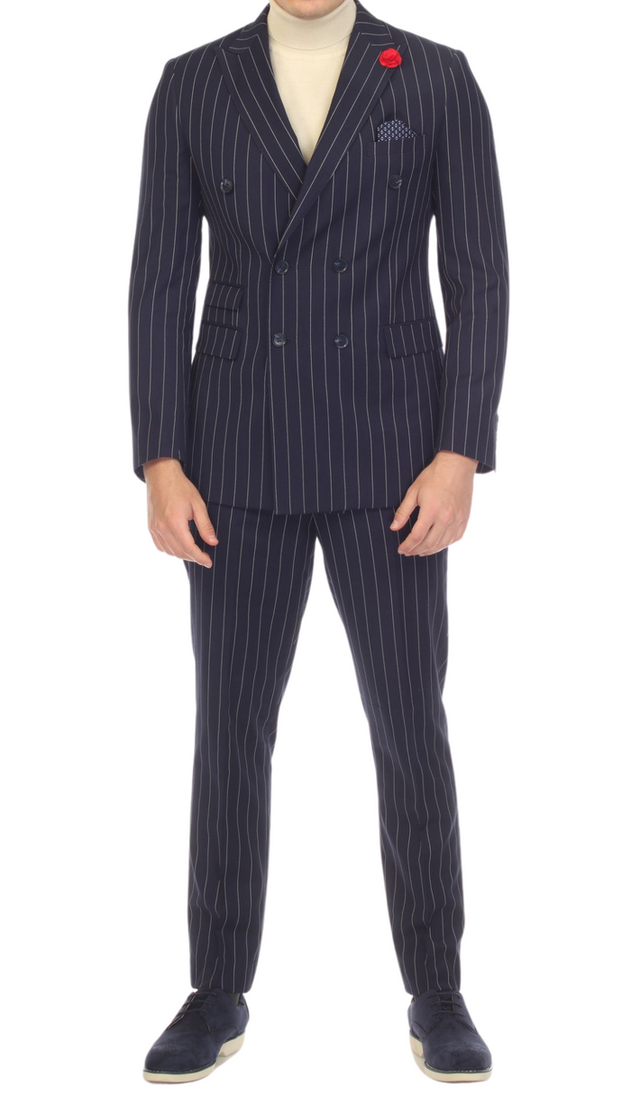Bellagio Navy White Mens 6 Button Slim Peak Lapel Suit With Double Breasted Suit Pick Stitching Ticket Pocket.