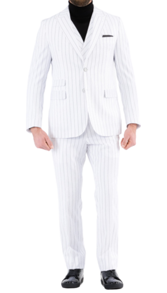 Bellagio White Black Mens 2 Button Slim Peak Lapel Suit With Pick Stitching Ticket Pocket Double Breasted Vest With Shawl Lapel