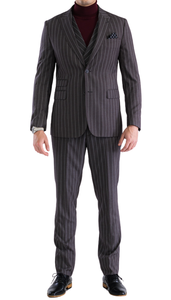Bellagio Grey White Mens 2 Button Slim Peak Lapel Suit With Pick Stiching Ticket Pocket Double Breasted Vest With Shawl Lapel