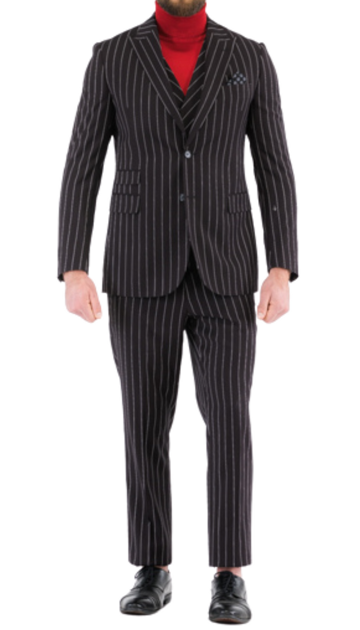 Bellagio Black White Mens 2 Button Slim Peak Lapel Suit With Pick Stitching Ticket Pocket Double Breasted Vest With Shawl Lapel
