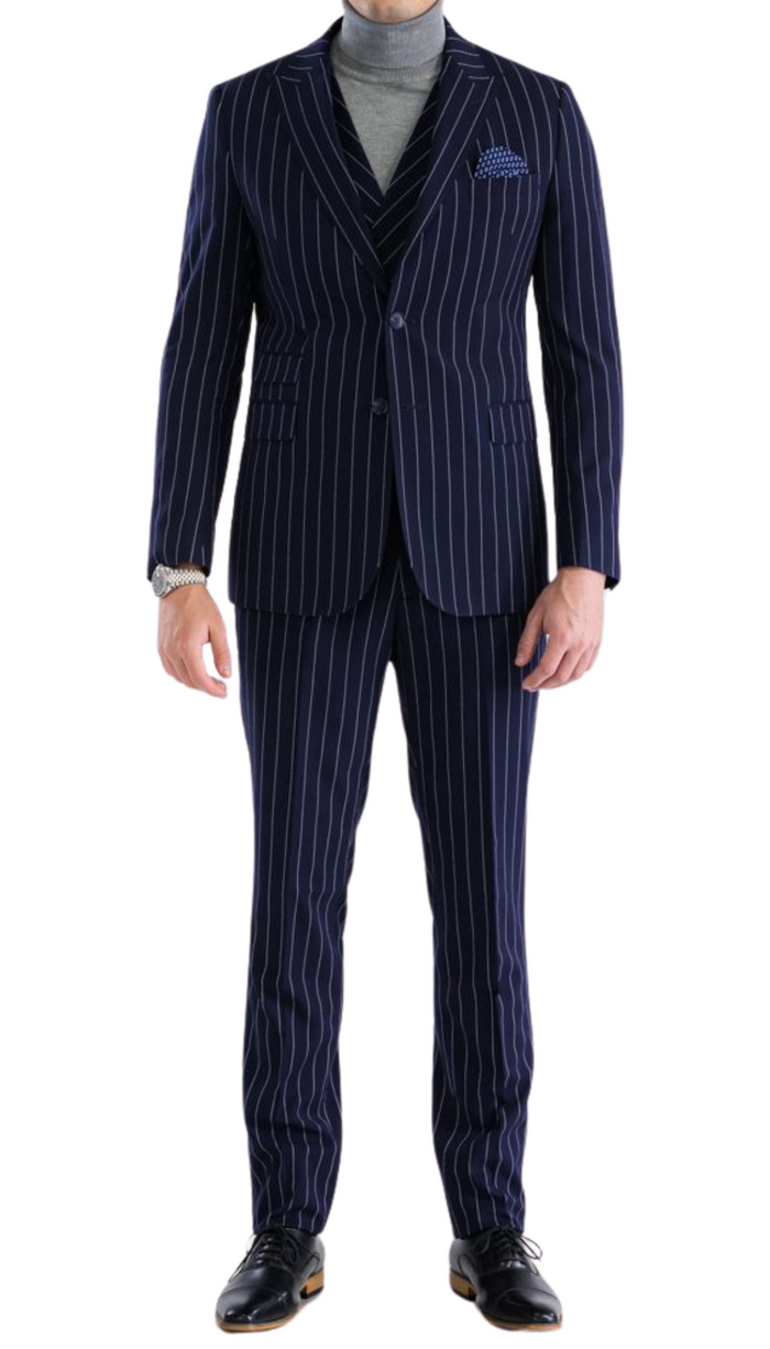 Bellagio Navy White Mens 2 Button Slim Peak Lapel Suit With Pick Stitching Ticket Pocket Double Breasted Vest With Shawl Lapel
