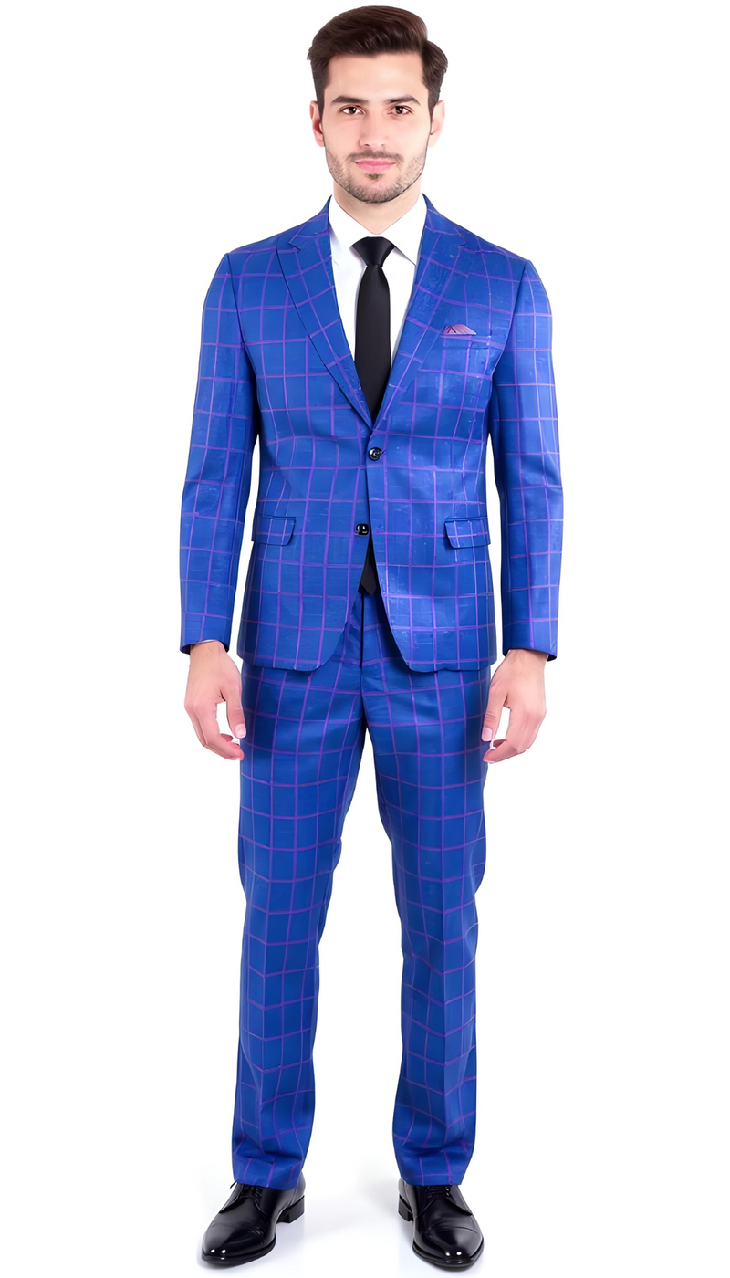 The Kingston Mens Blue Checker Slim Fit 3 Piece Suit