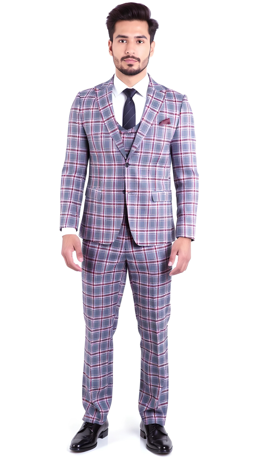 The Kingston Mens Grey/Red Checker Slim Fit 3 Piece Suit