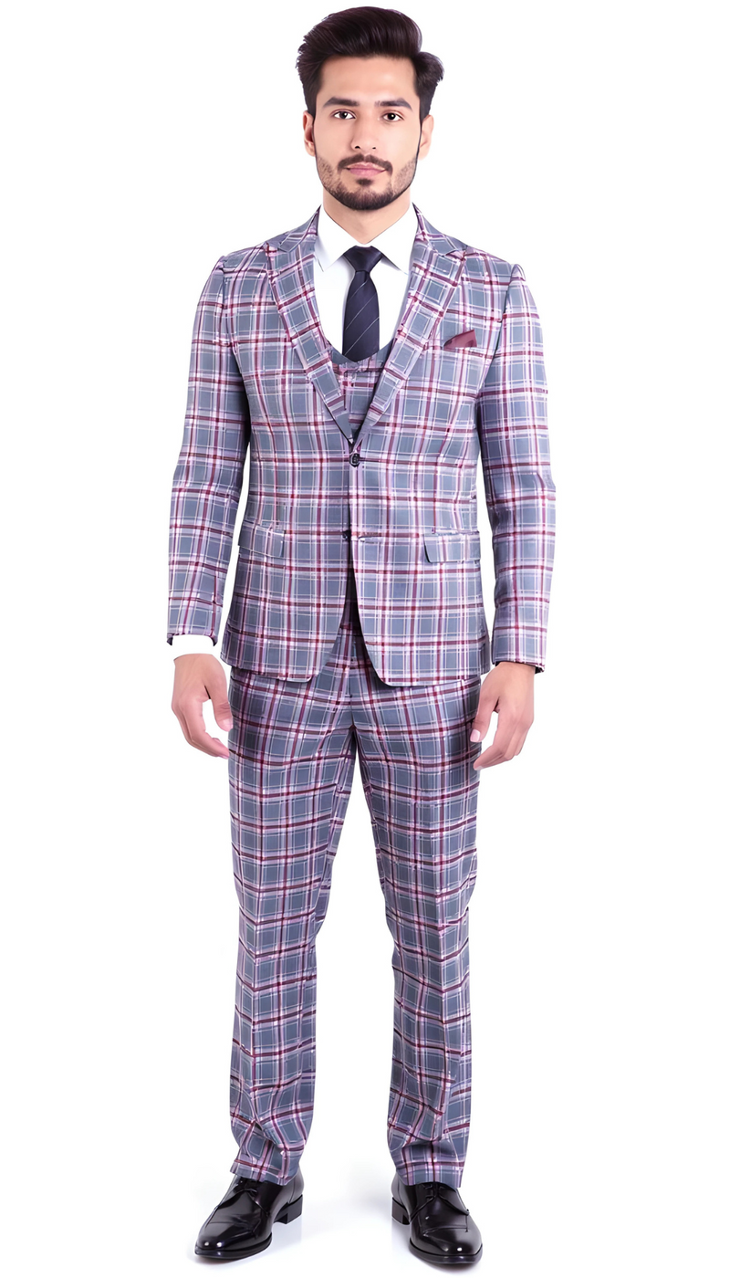The Kingston Mens Grey/Red Checker Slim Fit 3 Piece Suit