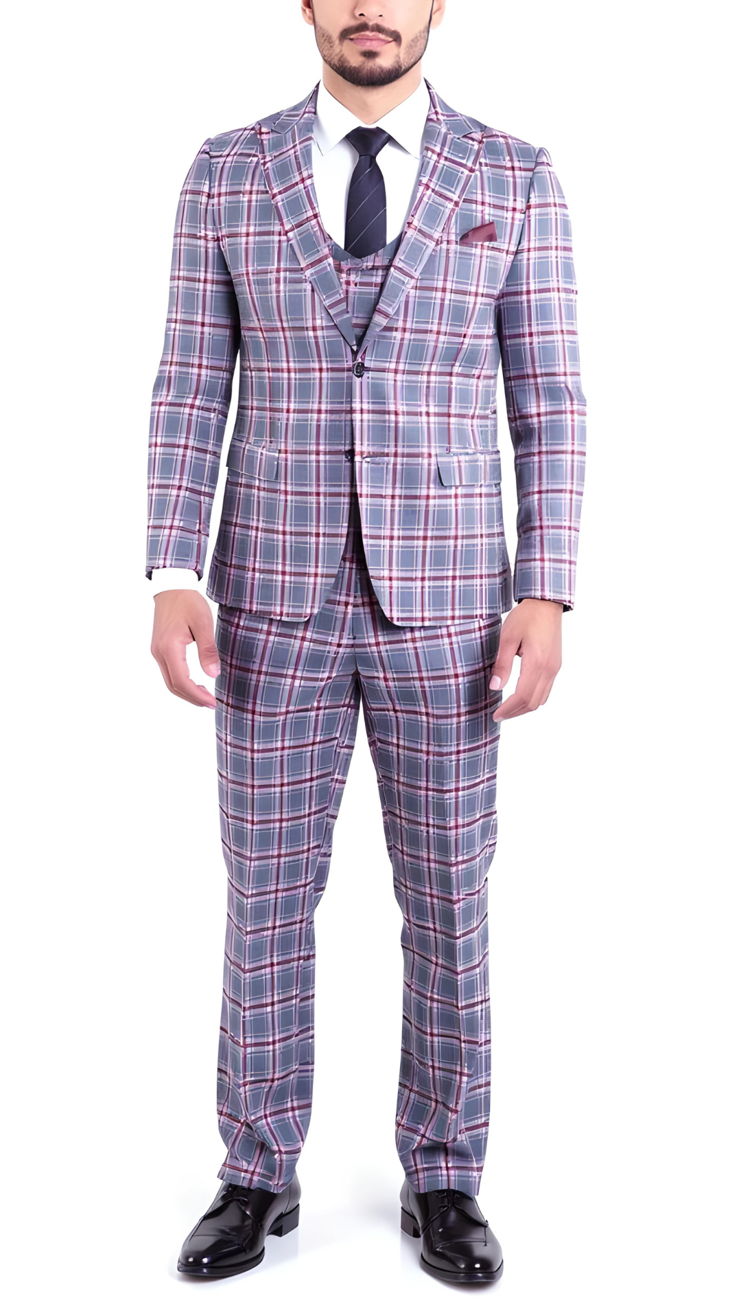 The Kingston Mens Grey/Red Checker Slim Fit 3 Piece Suit