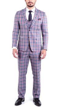 The Kingston Mens Grey/Red Checker Slim Fit 3 Piece Suit