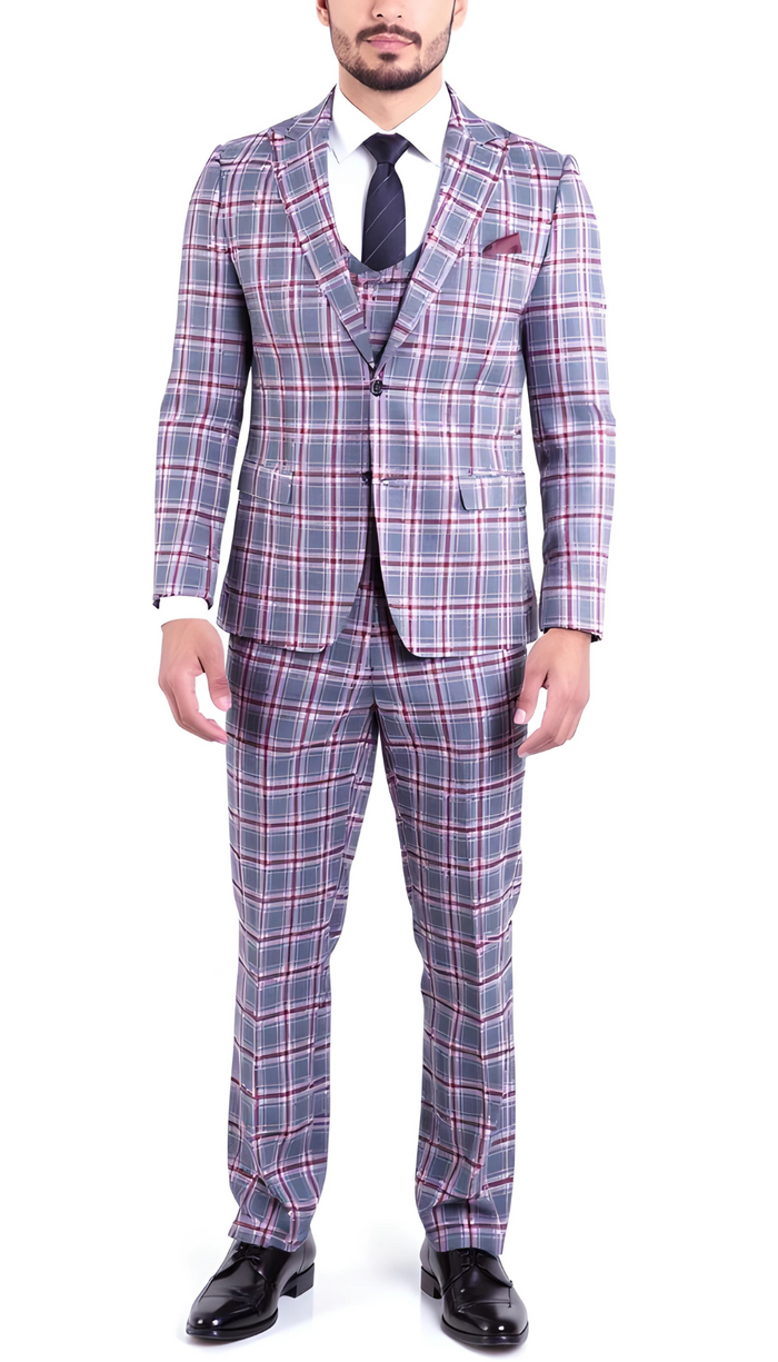 The Kingston Mens Grey/Red Checker Slim Fit 3 Piece Suit