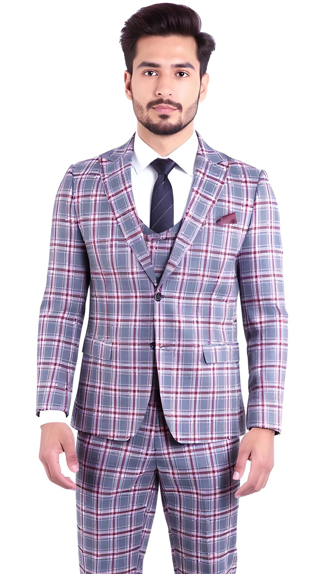 The Kingston Mens Grey/Red Checker Slim Fit 3 Piece Suit