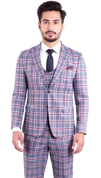 The Kingston Mens Grey/Red Checker Slim Fit 3 Piece Suit