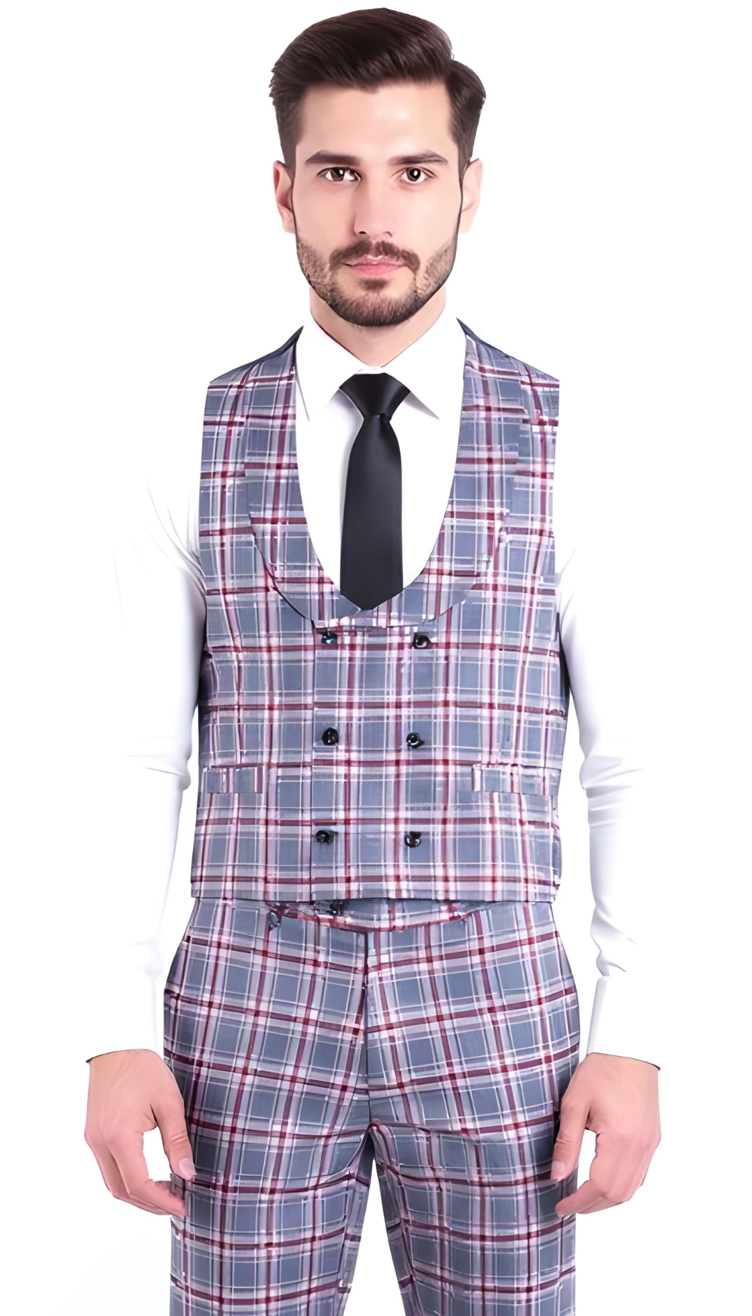 The Kingston Mens Grey/Red Checker Slim Fit 3 Piece Suit