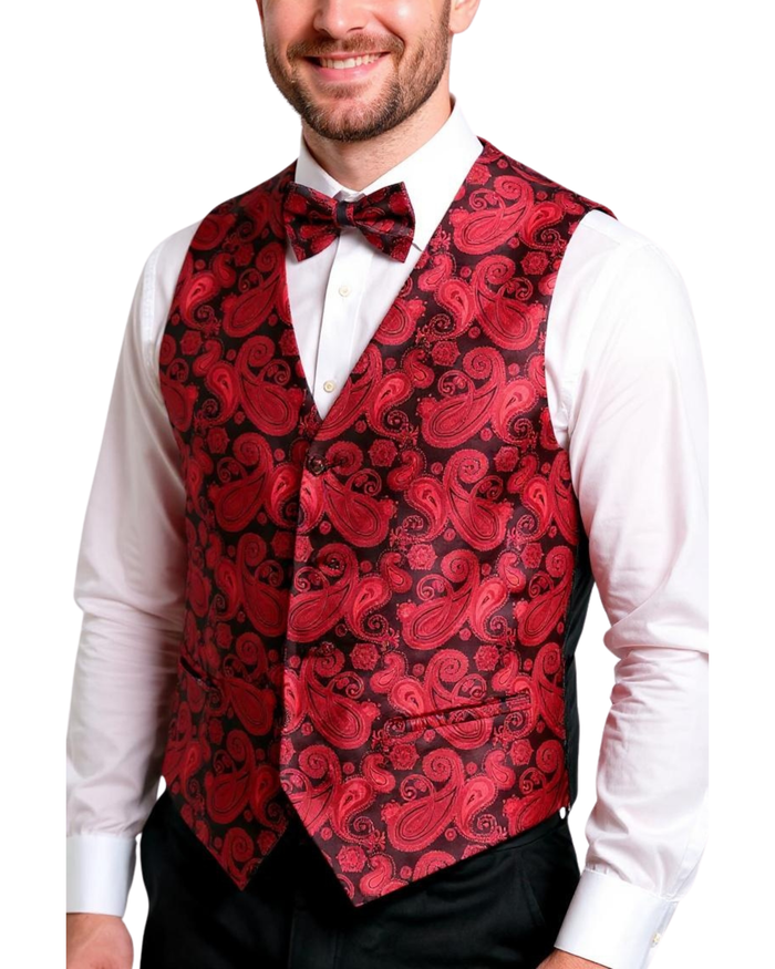 Ferrecci Mens PV350 - Red/Black Paisley with Black Back Adjustable Vest Set