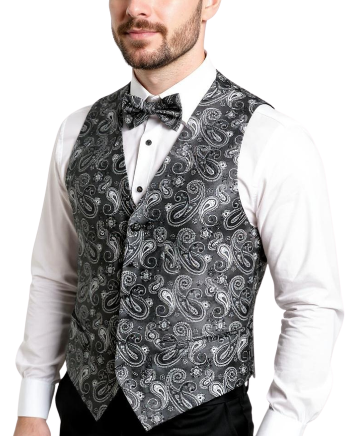 Ferrecci Mens PV350 - Grey Paisley with Black Back Adjustable Vest Set
