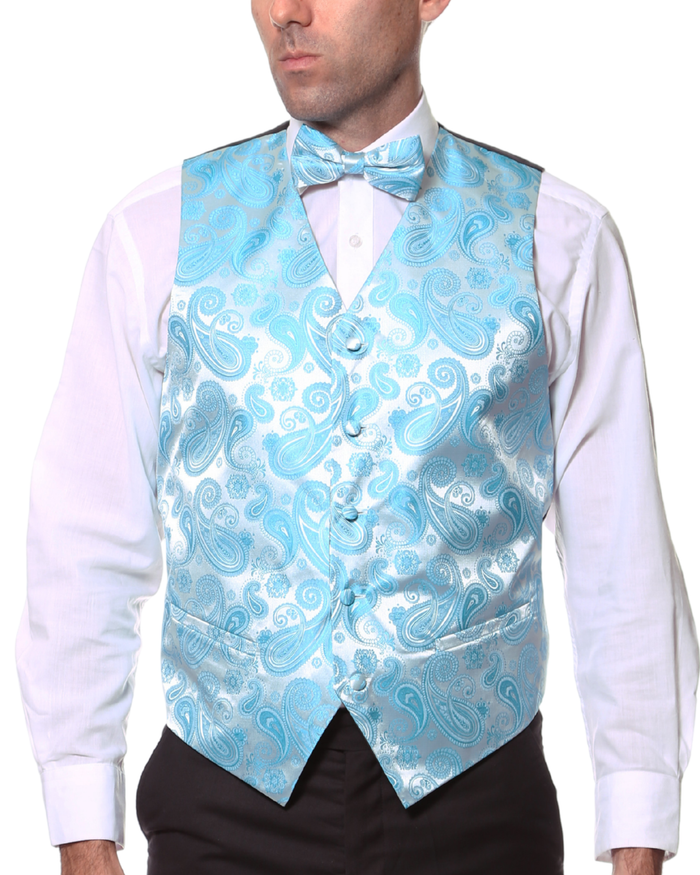 Ferrecci Mens PV350 - Turquoise Paisley with Black Back Adjustable Vest Set