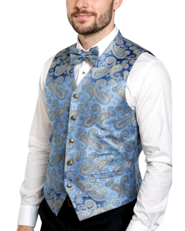 Ferrecci Mens PV350 - Sky Blue Paisley with White Back Adjustable Vest Set