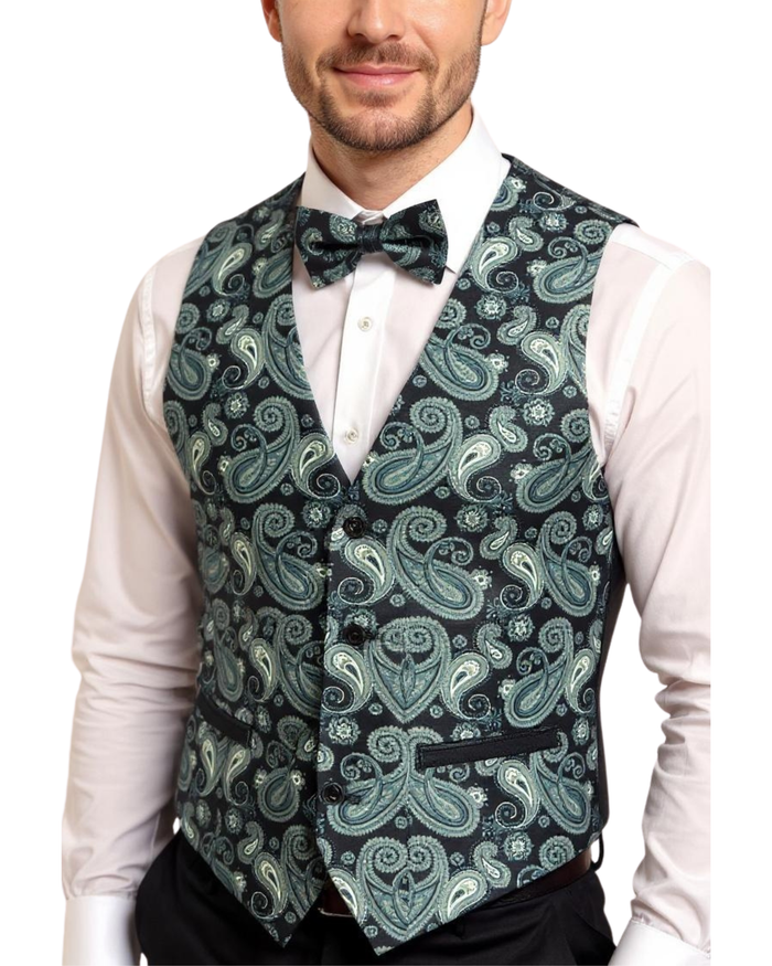 Ferrecci Mens PV350 - Hunter Green Paisley with Black Back Adjustable Vest Set