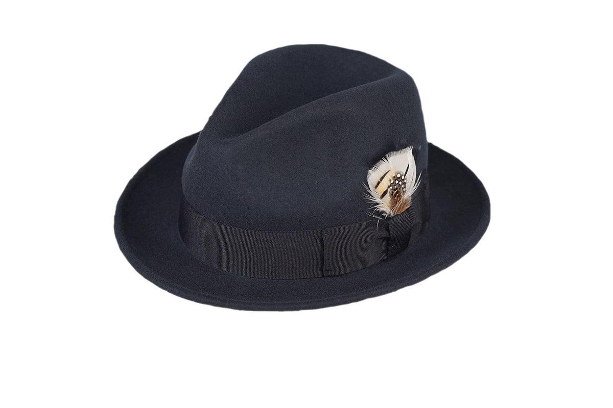 Trilby Soft 100% Australian Wool Felt Body With Removable Feather Fully Crushable Navy Blue Hat Great For Travel. - Ferrecci USA
