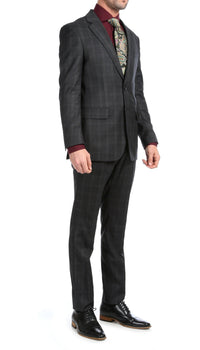 Yves Black Plaid Check Men's Premium 2 Piece Wool Slim Fit Suit - Ferrecci USA