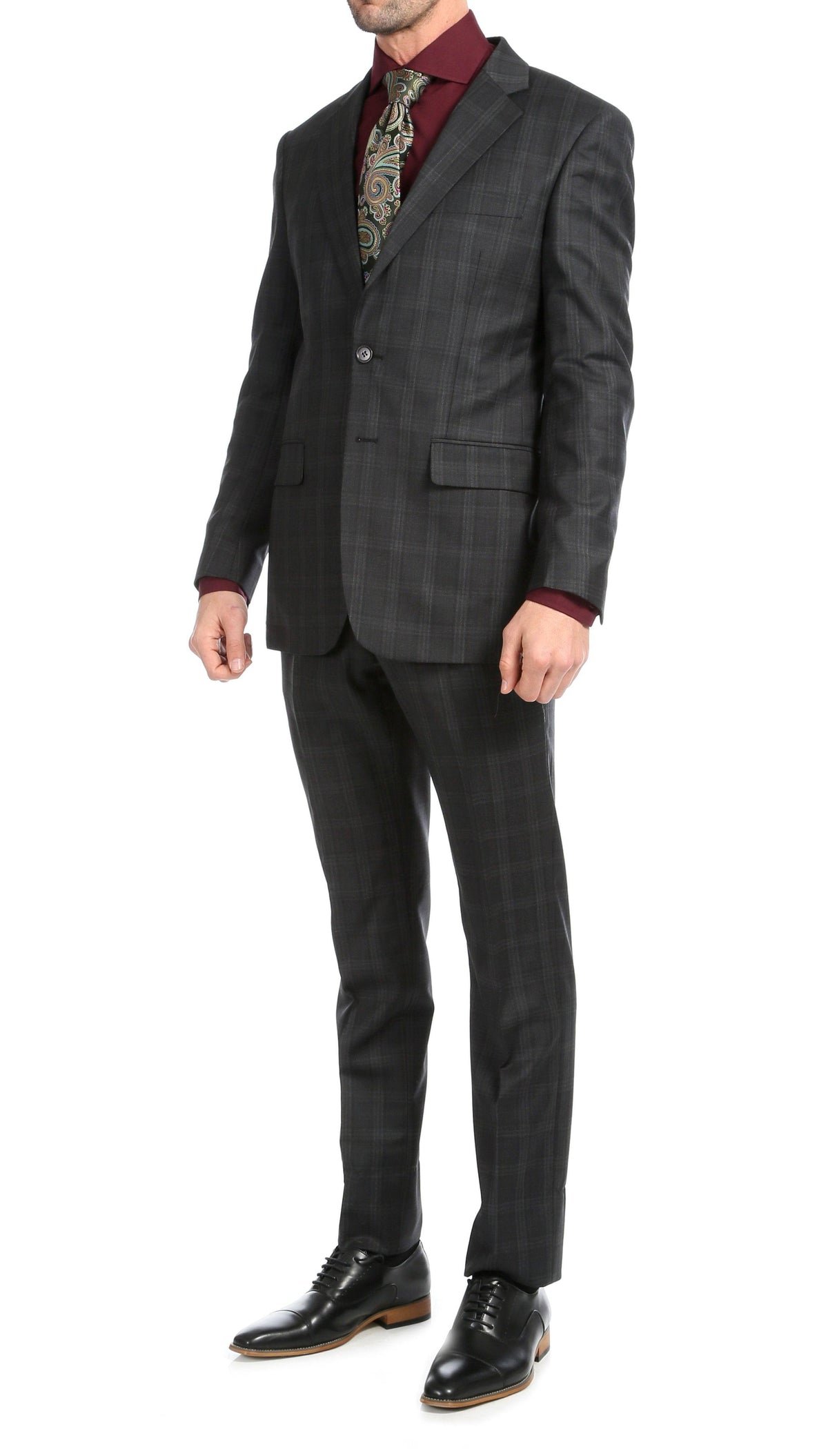 Yves Black Plaid Check Men's Premium 2 Piece Wool Slim Fit Suit - Ferrecci USA
