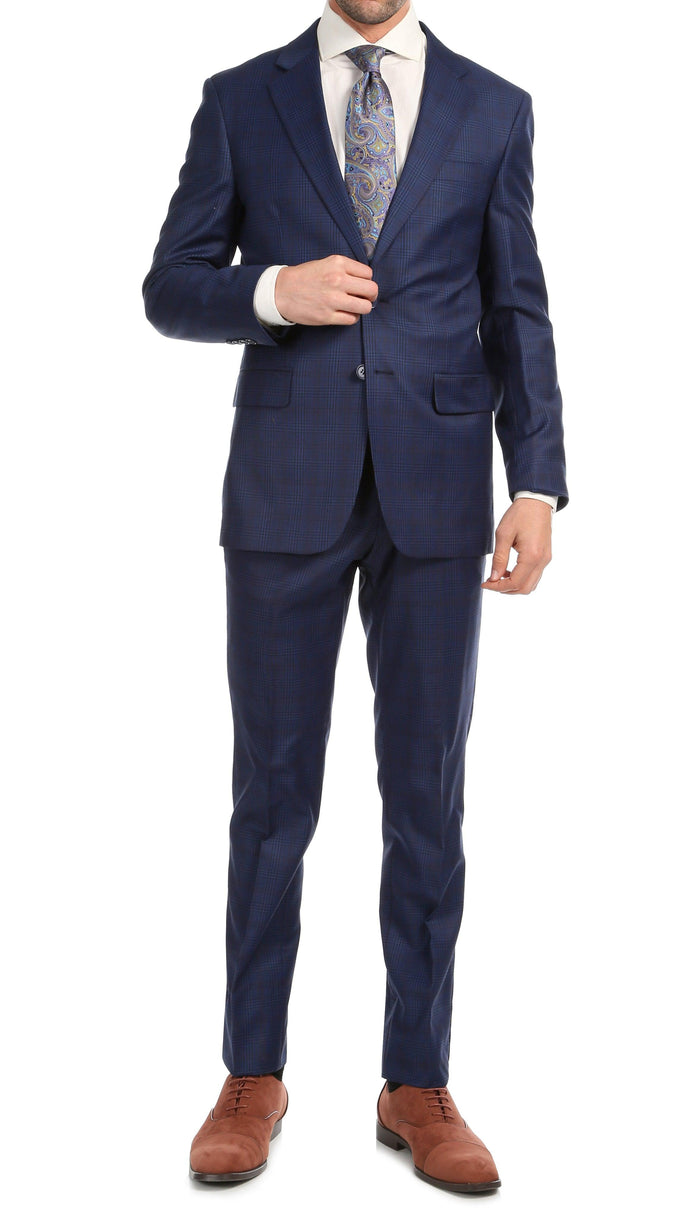 Yves Blue Plaid Check Men's Premium 2 Piece Wool Slim Fit Suit - Ferrecci USA