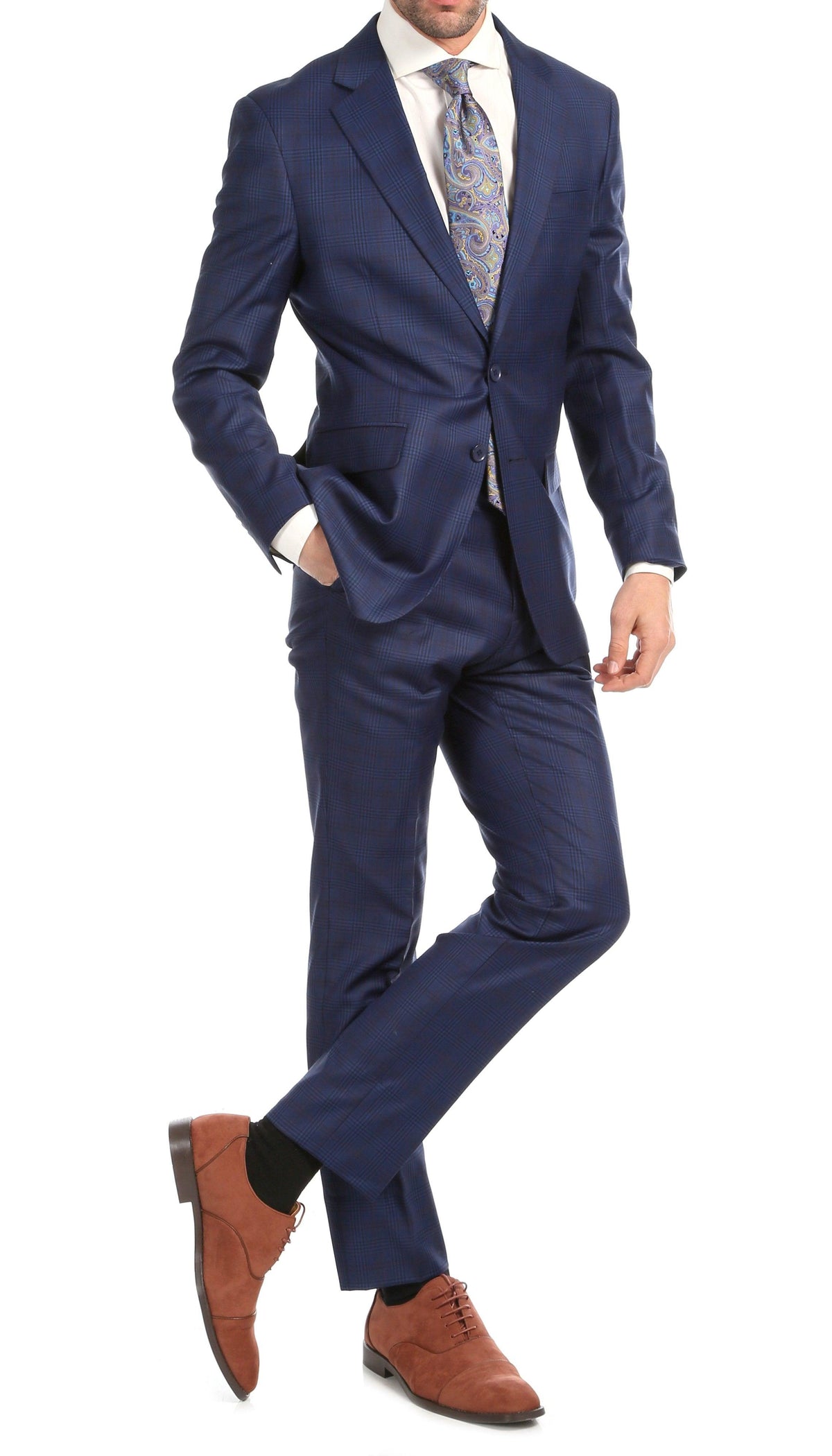 Yves Blue Plaid Check Men's Premium 2 Piece Wool Slim Fit Suit - Ferrecci USA